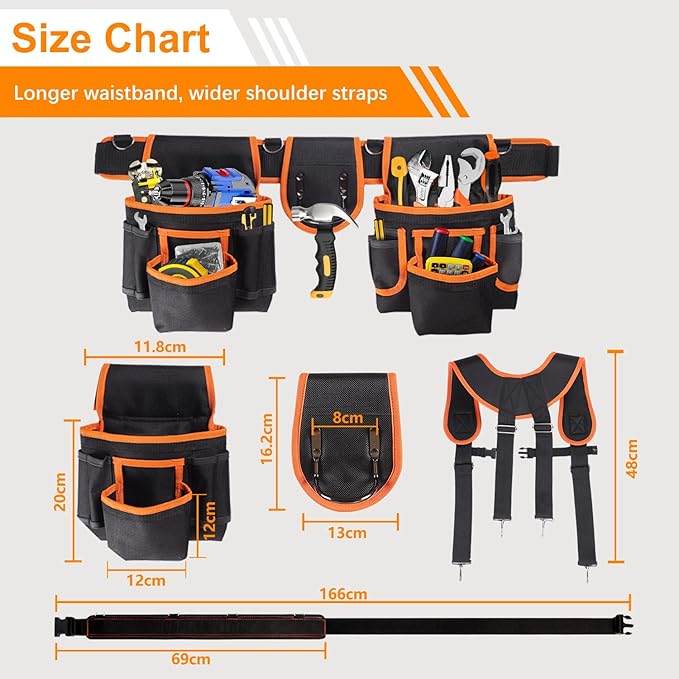 Tool Belt with Suspenders, Professional Tool Belt for Men, 18-Pocket Adjustable Heavy Duty Tool Organizer for Electrician, Carpenter, Framer, Construction Worker, Black & Orange (32''–66'')