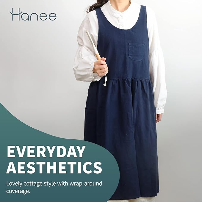 HANEE Cross Back Aprons for Women with Pockets | Japanese Style Cotton Apron | Cute Pinafore Smock for Kitchen etc (6 Colors)