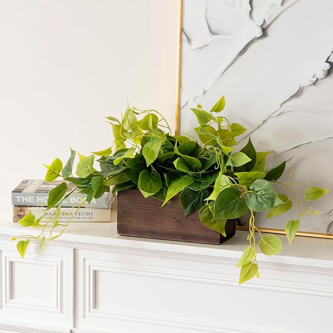 MyGift Vibrant Lifelike Artificial Plant Pothos Leafy Vine Greenery in Burnt Brown Solid Wood Rectangular Planter Box