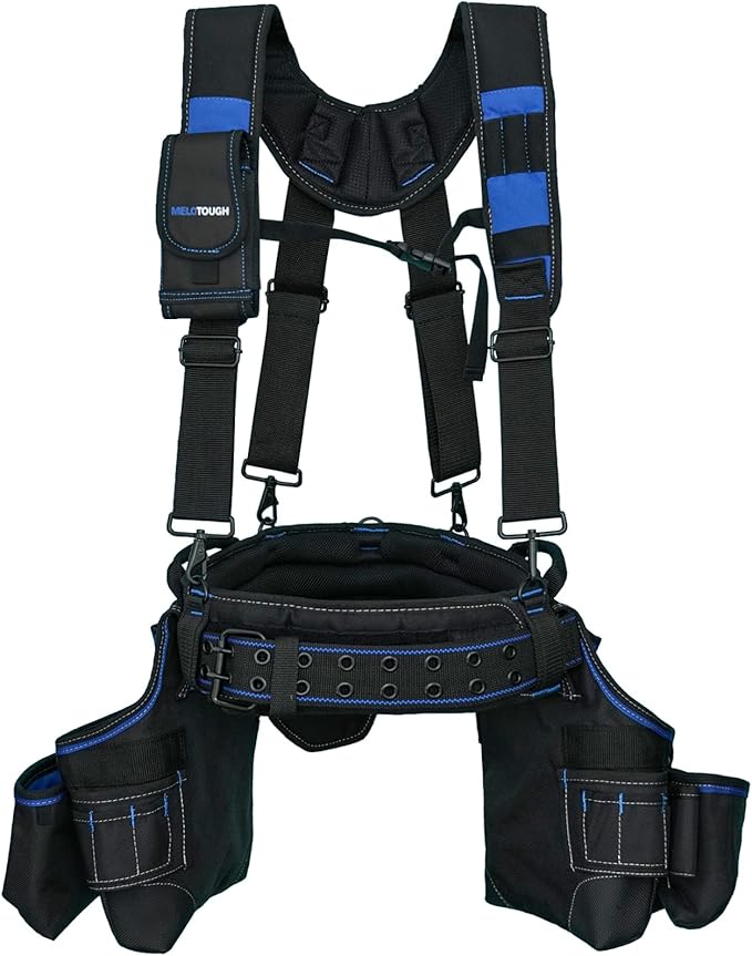 MELOTOUGH Pro Framer's Combo System Apron Tool Pouch Tool Belt with Suspenders Builder Heavy Duty Carpenter Suspension Rig Tool Belt and Multi Function (Blue)…