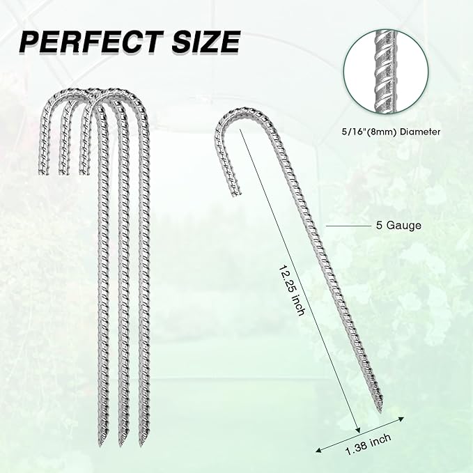 12 Inch Rebar Stakes Heavy Duty, 6 Pack Garden Stake J-Hook, Galvanized Rust Proof Metal Stakes for Tent, Landscape,Outdoor Decorations, Fabric Ground Cover, Tube Fixing (Silver, J-12in-6pc)
