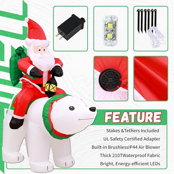 UPWELL 6FT Inflatable Santa Claus and Bear - Classic Outdoor Holiday Yard Decoration with LED Lights, Self-Inflating, Stable & Durable, Suitable for Christmas Decor & Events