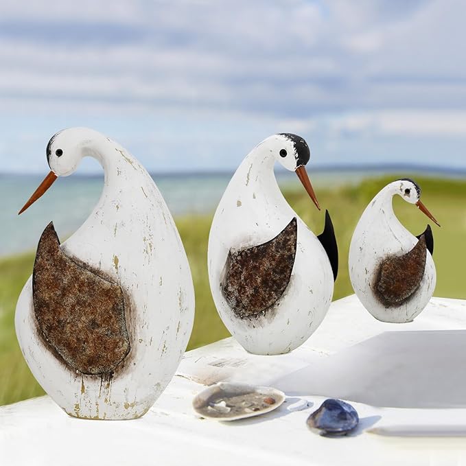 Aecipl Wood Bird Statue Standing Seagull Nautical Decor Coastal Birds Sculpture Indoor Outdoor Animal Figurine Beach Themed Decoration Rustic Home Art for Bedroom Garden (B, S+M+L)