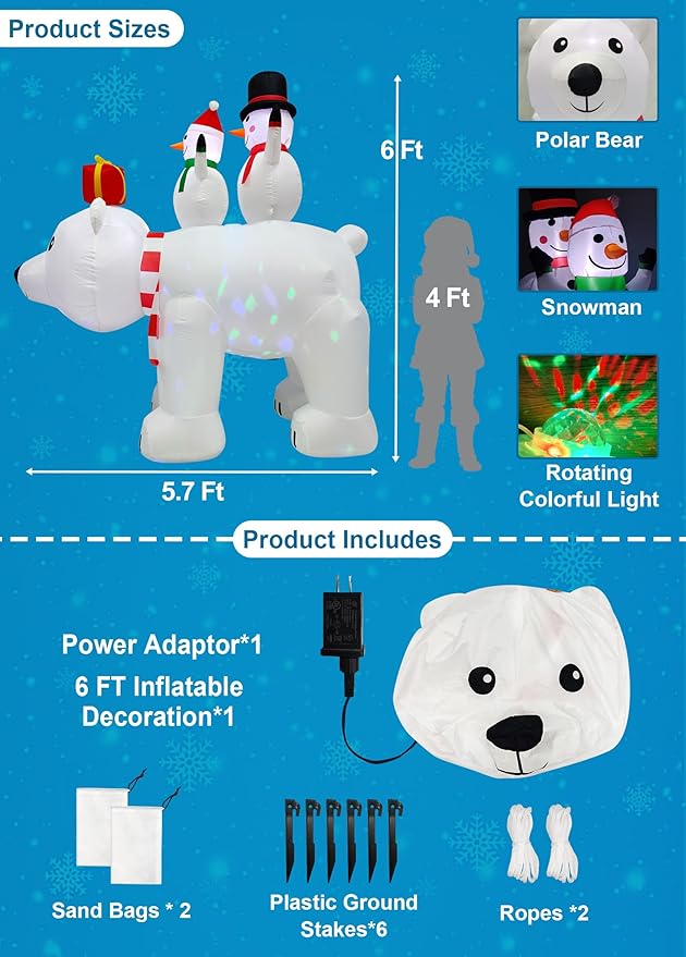6 Ft Tall 5.7 Ft Long Christmas Inflatable Snowman Couples on Polar Bear with Rotating RGB Color Lights Christmas Outdoor Decorations Blow Up Snowman Inflatables Xmas Decor Yard Holiday Garden