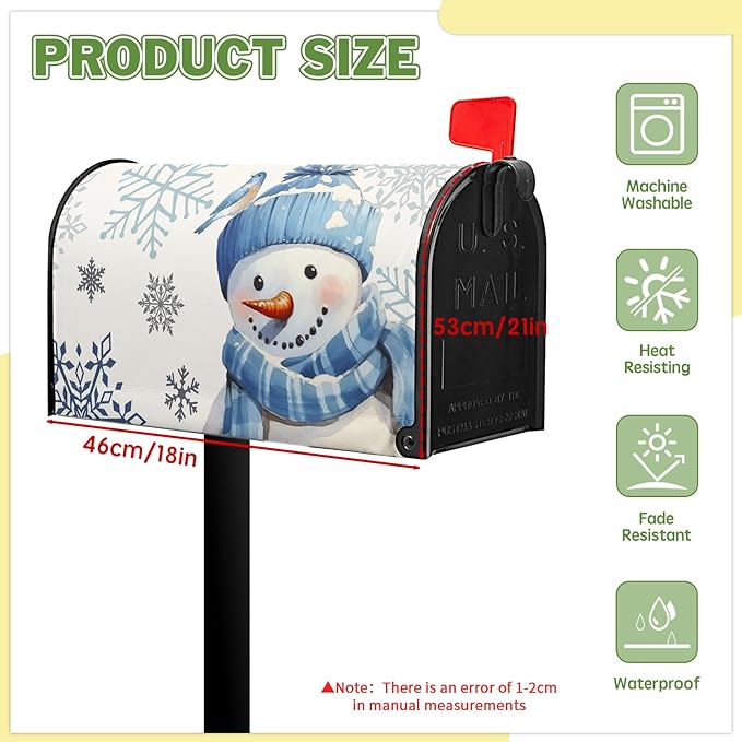 Winter Snowman Mailbox Cover Blue Bird Mailbox Covers Magnetic Snowflake Post Letter Box Cover Standard Size 21x18 inch for Garden Outdoor Yard Decor White