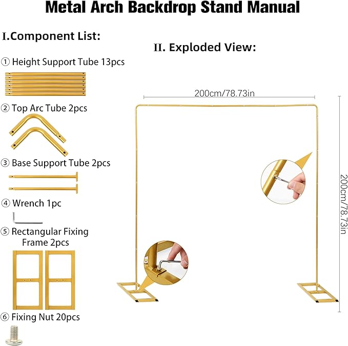 Wedding Square Backdrop Stand, Wedding Arches Frame, Wedding Arch Stand, Metal Balloon Backdrop Stand for Ceremony Party Birthday Party, Garden Arbors Stand, 6.6FT x 6.6FT Gold