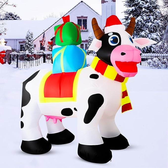 6 FT Outdoor Milk Cow Christmas Inflatables Decorations with Built-in LED Lights, Blow Up for Yard, Roof, Lawn