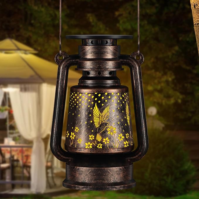 Solar Lantern Outdoor Hanging Vintage LED Waterproof Camping Light with Beautiful Graphics Landscape Decor for Yard,Patio,Porch,Lawn,Tabletop(02 - Hummingbird)