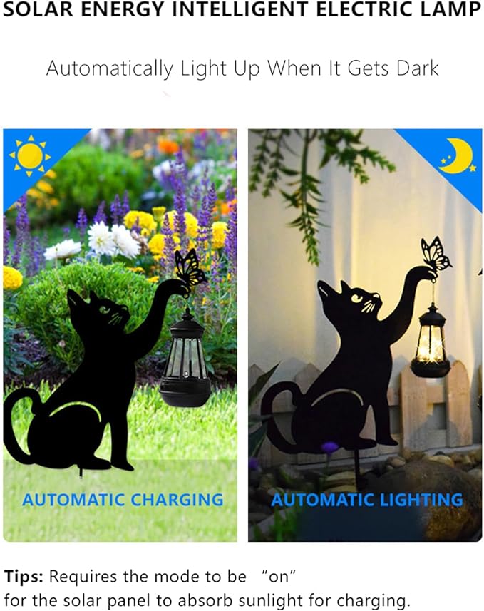 Solar-Powered Black Cat Garden Decor Stakes - Metal Silhouette Figurine for Outdoor Yard, Lawn, and Patio Decoration