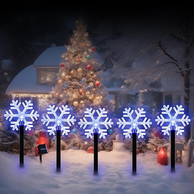 BRIGHTDECK Snowflake Solar Christmas Decorations Outdoor, 10 Pack LED, Waterproof Snowflake Pathway Lights, Stake Lights for Christmas Garden Decor (10Pcs Blue)