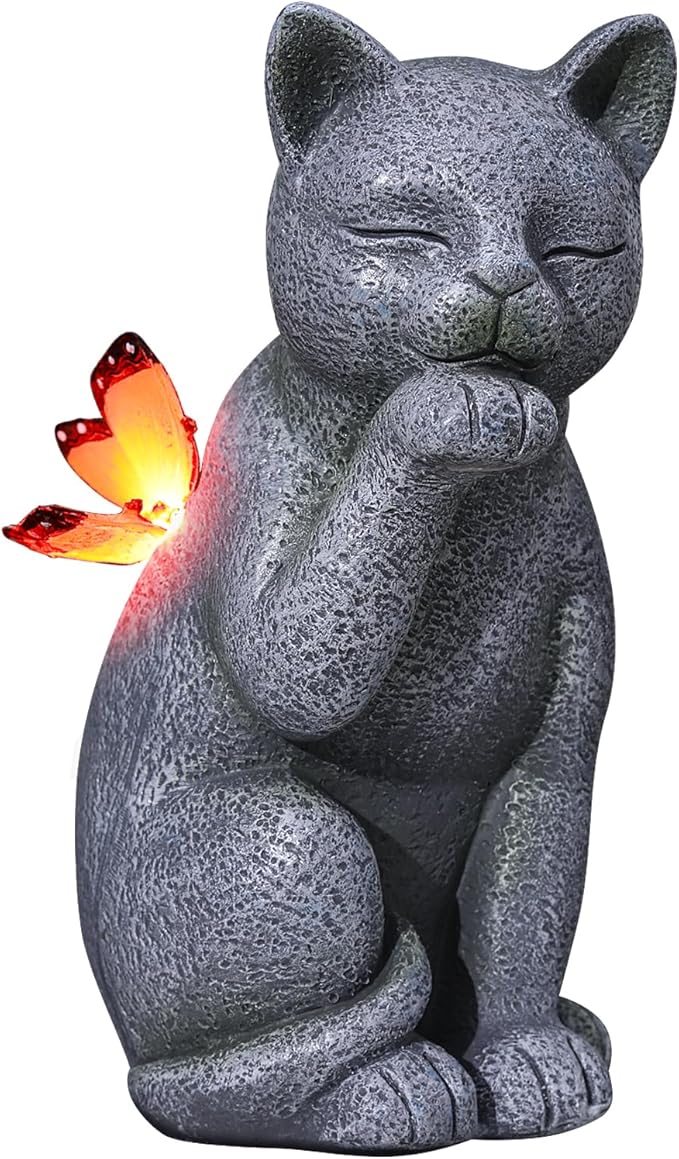 Solar Contented Cat Outdoor Statue Garden Decor,Birthday Gifts for Grandma Mom Women, Ornament for Balcony, Garden, Patio, Yard, Lawn Porch Patio Balcony Home House,7 Colors of Butterfly Glow