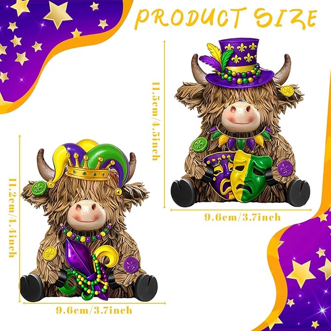 2 Pack Mardi Gras Highland Cow Resin Figurine Mardi Gras Bathroom Highland Cow Gnomes with Mask Starfish Resin Statue for Garden Table Shelf Home Decor Calf Gnome Herd Gifts