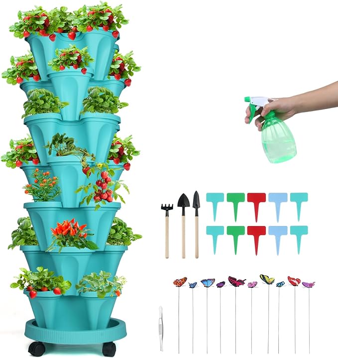 GameXcel Vertical Planter, 7 Tier Stackable Strawberry Planter with Garden Tool Set, Movable Indoor/Outdoor Garden Herb Pot for Growing Vegetables and Succulents, Teal