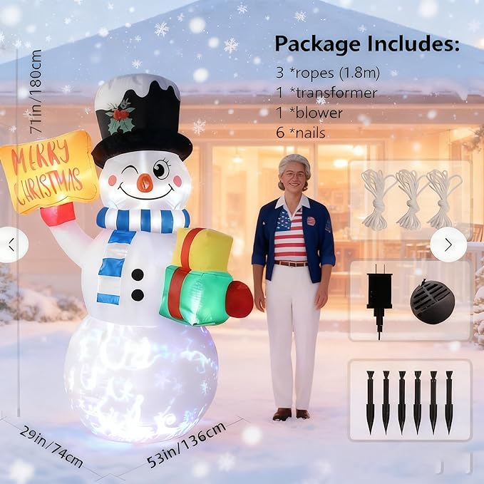 BeBecome 6ft Light-Up Inflatable Snowman Outdoor Christmas Decoration with Merry Christmas Sign, All-Weather Blow Up Yard Decor for Holiday Lawn