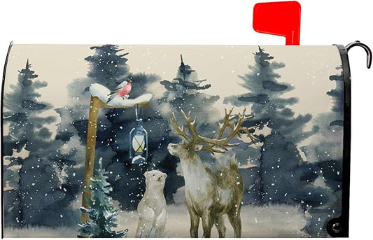Winter Deer Mail Box Cover Bear Bird Mailbox Covers Magnetic Standard Size 21x18 inch Green Tree Mailbox Wraps Home Decor Outdoor Yard Decoration for Garden