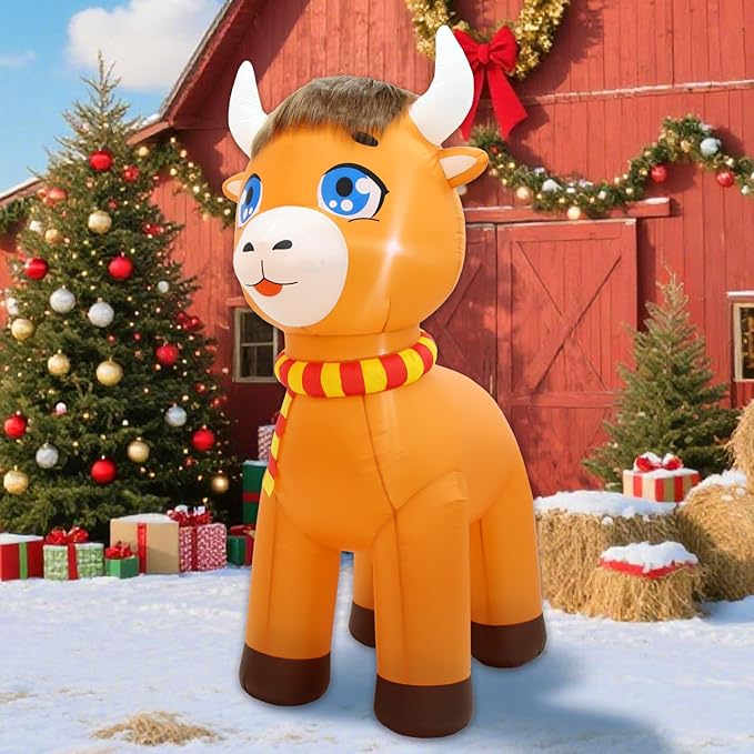 Christmas Inflatable Outdoor Decorations, 6FT Inflatables Highland Cow Spring Yard Decor, LED Lights Blow up Highlander Cattle Calf Holiday Decorations for Farm Ranch Indoor Outside Lawn Garden