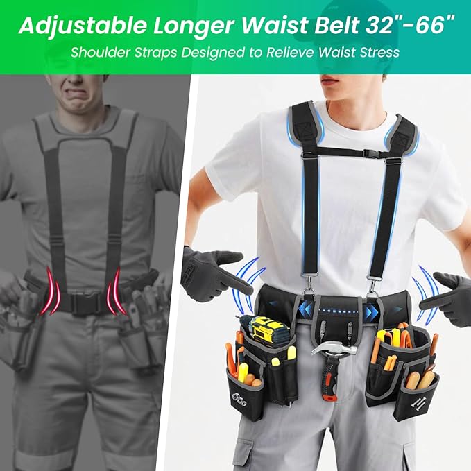 Tool Belt With Suspenders, Heavy Duty Magnetic Tool Belts for Men with 18 Pockets, Tool Belt with Adjustable 32 to 66 Inches Detachable Waist for Electricians, Carpenters, Framers, Black-Grey