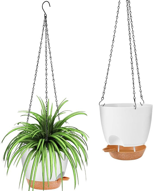 GARDIFE hanging planter, 8 inch hanging planters for indoor. outdoor plants , Self watering plant pot, 2 Pack Large self watering hanging planter (8-White, 8 inch)