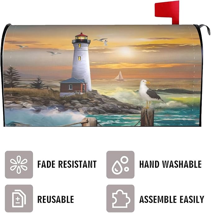 Lighthouse Mailbox Cover, Outdoor Magnetic Mail Cover Letter Post Box, 25.5x21 in Sea Wave White Cloud Nautical Mailwrap for Yard Garden Outside Decor