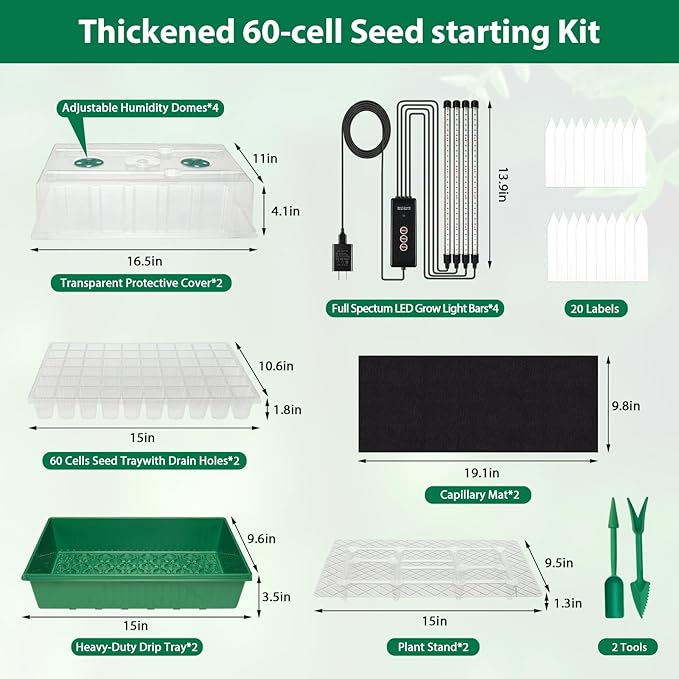 2 Packs Seed Starter Tray, 120-Cell Self-Watering Seed Starter Kit with Grow Light and 4.07” Humidity Dome, Indoor Plant Starter Trays for Seed Germination & Gardening Supplies