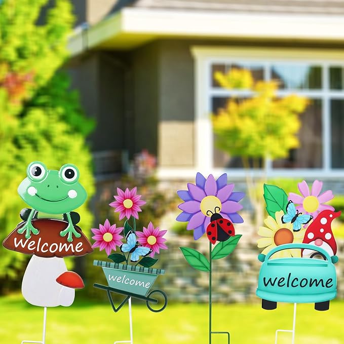 WONDER GARDEN Welcome Decorative Garden Stakes, 4Pcs Flower Metal Yard Signs Lawn Stake with Frog, Mushroom, Gnome, Butterfly and Ladybug for Outdoor Decorations