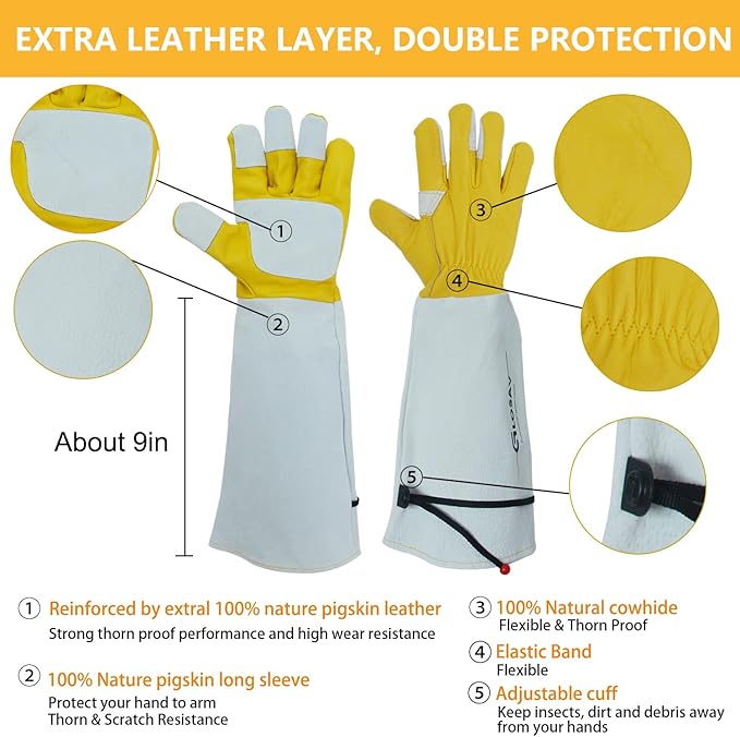 Cactus Gloves, Thorn Proof Gardening Gloves for Rose Pruning & Cacti Handling (X-Large (Pack of 1), Yellow-reinforce)