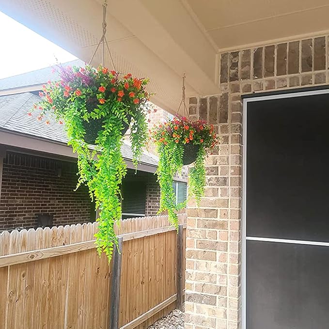 CLONG 2 pcs Artificial Hanging Ferns Plants Vine Fake Ivy Boston Fern Hanging Plant Outdoor UV Resistant Plastic Plants (2, Green)