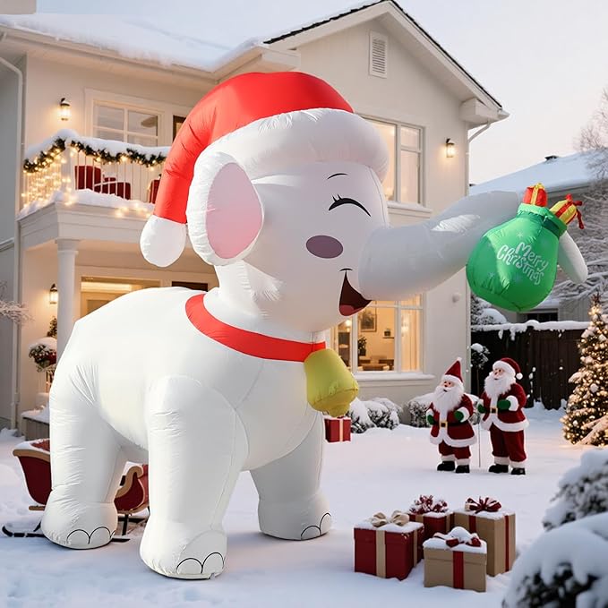 11FT Long Christmas Inflatables White Elephant with Gift Box, Christmas Blow Ups White Elephant Gift Exchange Theme Decoration, Built-in LEDs for Holiday Party Garden Lawn Yard Patio Outdoor