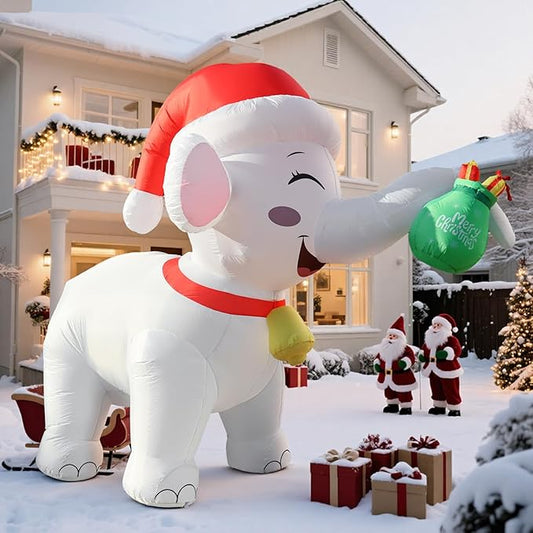 11FT Long Christmas Inflatables White Elephant with Gift Box, Christmas Blow Ups White Elephant Gift Exchange Theme Decoration, Built-in LEDs for Holiday Party Garden Lawn Yard Patio Outdoor
