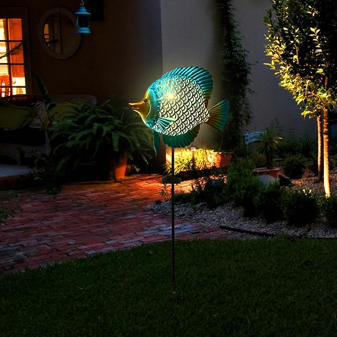 HONGLAND Solar Pathway Lights, Outdoor Solar Powered Garden Lights with Warm Yellow LED, Metal Fish Design Stake for Lawn, Yard, Patio and Landscape Decoration (Waterproof)