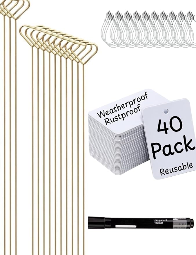 Garden Markers & Plant Labels Kit, All-in-One with 20 Golden 12 Inch Metal Stakes & 40 Waterproof Reusable Tags, Ties and Marker for Outdoor and Indoor Potted Plants