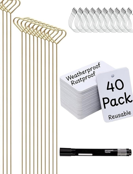 Garden Markers & Plant Labels Kit, All-in-One with 20 Golden 12 Inch Metal Stakes & 40 Waterproof Reusable Tags, Ties and Marker for Outdoor and Indoor Potted Plants