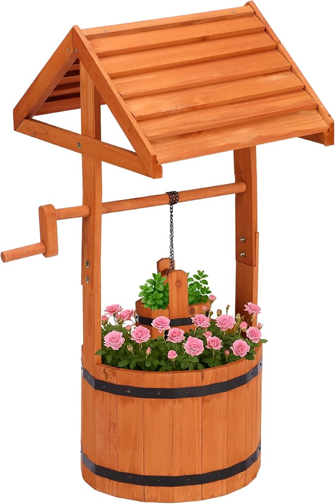 Wooden Wishing Well for Outside, Wishing Well Planter for Yard with Hanging Bucket, Rustic Flower Pot Home Decor for Garden, Backyard