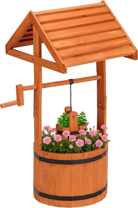 Wooden Wishing Well for Outside, Wishing Well Planter for Yard with Hanging Bucket, Rustic Flower Pot Home Decor for Garden, Backyard