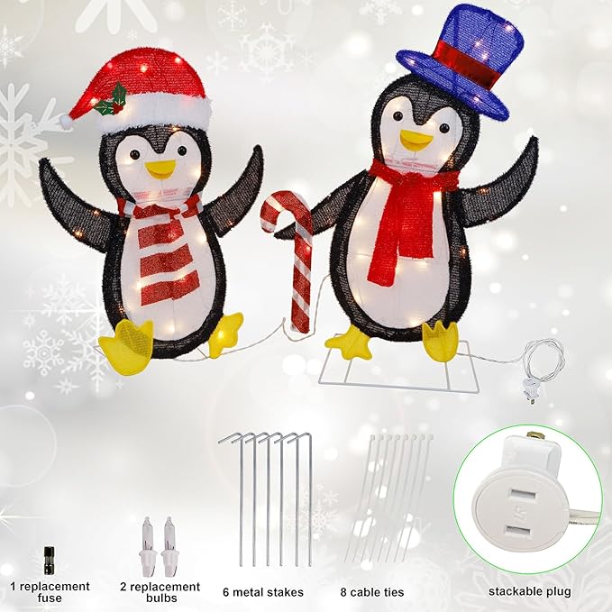 WATERGLIDE Set of 2 Lighted Christmas Tinsel Penguins, Pre-Lit 2D Stacked Penguin with Incandescent Lights, Light Up & Plug in for Indoor Outdoor Festive Xmas Holiday Garden Yard Lawn Decor