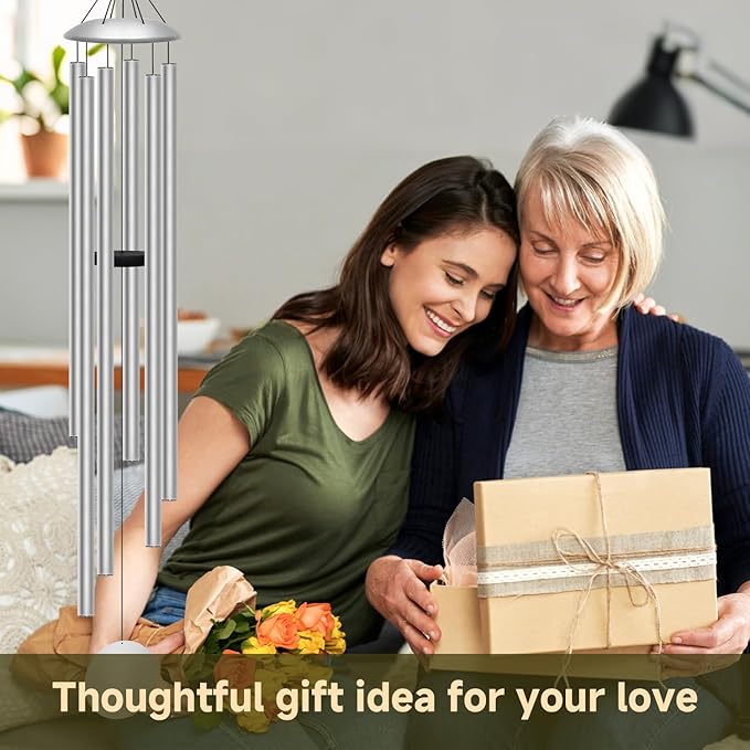 66" Extra Large Wind Chimes for Outside Deep Tone, 6 Thick and Bold Aluminum Tubes Tuned Relaxing Melody Wind Chime, Big Wind Chimes for Garden Patio Decor, Great Gift Idea for Mother's Day (Silver)