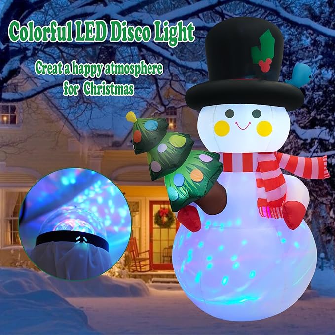 8 FT Christmas Inflatables Snowman Yard Decoration, Blow Up Snowman with Christmas Tree Outdoor Decoration with Rotating LED Lights for Holiday Party Garden Lawn Decor, Xmas New Year Kids Gifts