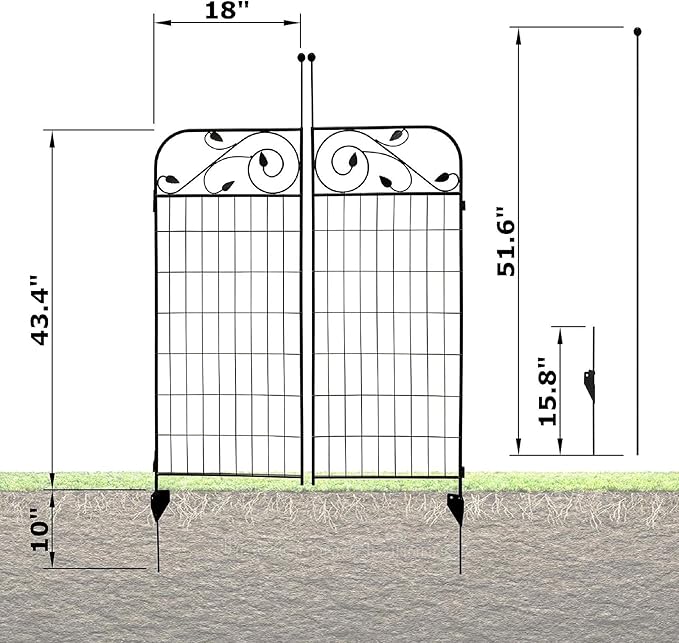 1 Pack Black Coated Steel Decorative Garden Fence Gate 8 Leaves, 44 Inches x 36 Inches