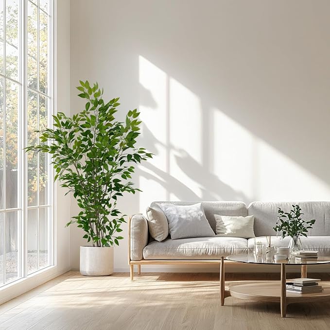 Artificial Ficus Tree with Green Leaves, 6ft Tall, Indoor Plant with Decorative Beige Planter