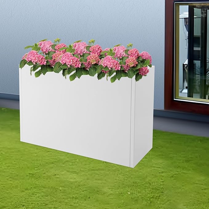 Metallic Heavy Planter Box, Large Metal Planter with Removable Insert Shelf for Outdoor/Indoor, Tall Trees, Plants, Flowers, Easy Assembly (White, 38 * 12 * 24inch)