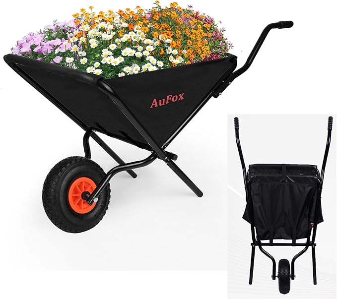 Collapsible Wheelbarrow, Foldable Yard Cart - Easy Loading & Dumping Garden Cart with Thickened Oxford Cloth for Nutrient Soil, Grass, Leaves & Garden Supplies