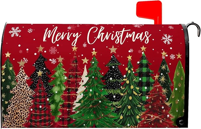 Merry Christmas Large Mailbox Covers Magnetic Oversized Xmas Tree Mail Box Cover Winter Snowflake Mailbox Wraps for Outside Garden Yard 25.5x21 inch Happy New Year Red