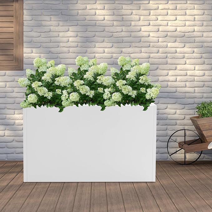 Metallic Heavy Planter Box, Large Metal Planter with Removable Insert Shelf for Outdoor/Indoor, Tall Trees, Plants, Flowers, Easy Assembly (White, 38 * 12 * 24inch)