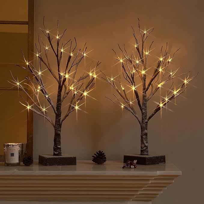 Fudios Lighted Snow Dusted Christmas Tree with Timer Battery Operated 18in Home Decor, Pre lit Artificial Tabletop Snowy Trees with 24 LED for Winter Party 2 Sets