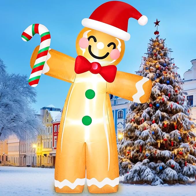 8FT Tall Giant Gingerbread Inflatable Christmas Decorations Outdoor Candy Cane, Built-in LED Lights Funny Ginger Bread Blow Up Outside Decoration for Xmas Holiday Indoor Party Yard Lawn Garden Decor