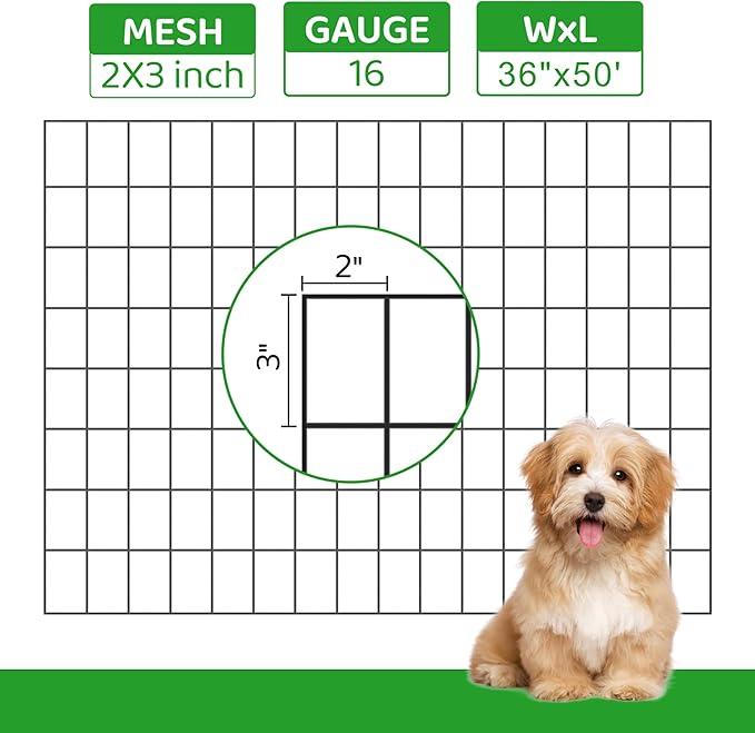 PVC Coated Welded Wire Mesh Fence Roll - 2x3 Inch Mesh, 16 Gauge, Black - for Garden Fence, Pet Cage, Animal Barrier, Farm and Poultry Enclosure (36''×50')