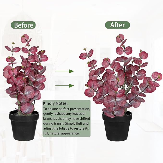 Artificial Plants Indoor with Pot, 18" Tall Faux Plants Indoor Silk Plant, Fake Potted Plant Small Eucalyptus Tree for Living Room Bathroom Kitchen Farmhouse Office Desk Table Shelf Decor, Red