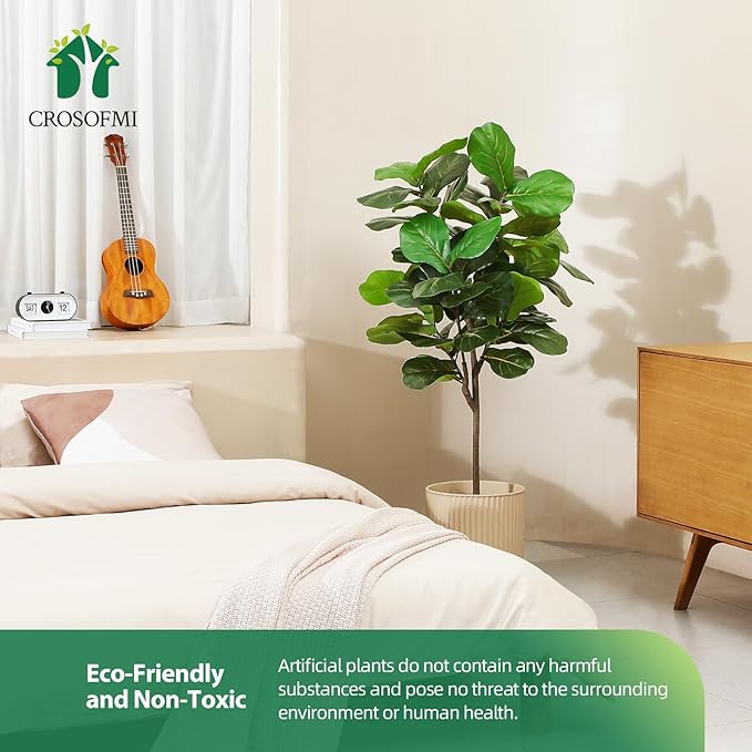 CROSOFMI Artificial Fiddle Leaf Fig Tree 50 Inch Fake Ficus Lyrata Plant with 56 Leaves Faux Plants in Pot for Indoor Outdoor House Home Office Garden Modern Decoration Perfect Housewarming Gift