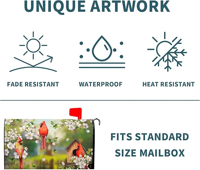 Spring Birds Floral Magnetic Mailbox Cover Colorful Summer Birdhouse White Flowers Mailbox Wrap Post Cover Standard Size 21x18 Inch for Garden Yard Outdoor Outside Seasonal Decor
