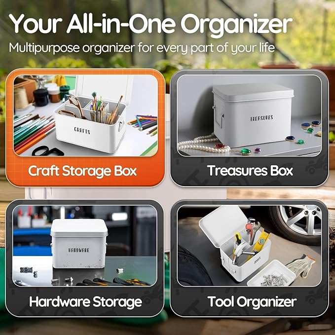 Flexzion Tin Storage Box with Removable Tray, 8 Inch Seed Organizer Box and Metal Seed Holder Organizer with Hinged Lid, Toolbox Container for Crafts, Hardware, Tools, Essentials, White